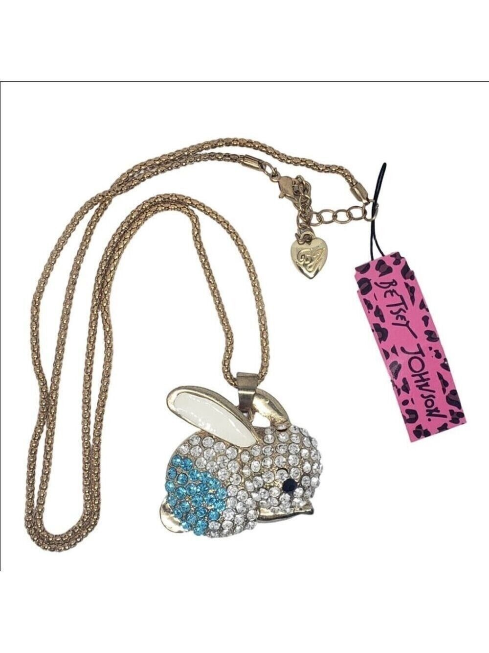 Betsey Johnson Blue Rhinestone Bunny Necklace 28” NWT